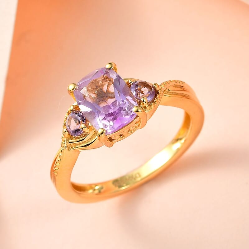 Rose De France Amethyst 3 Stone Ring in Vermeil Yellow Gold Over Sterling Silver (Size 6.0) 1.50 ctw