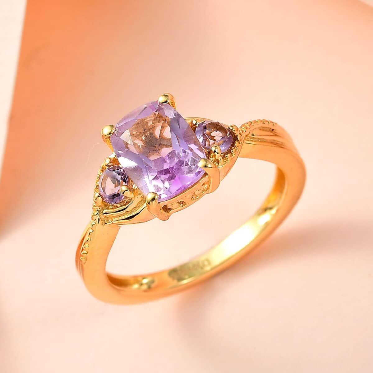 Rose De France Amethyst 3 Stone Ring in Vermeil Yellow Gold Over Sterling Silver (Size 7.0) 1.50 ctw image number 1