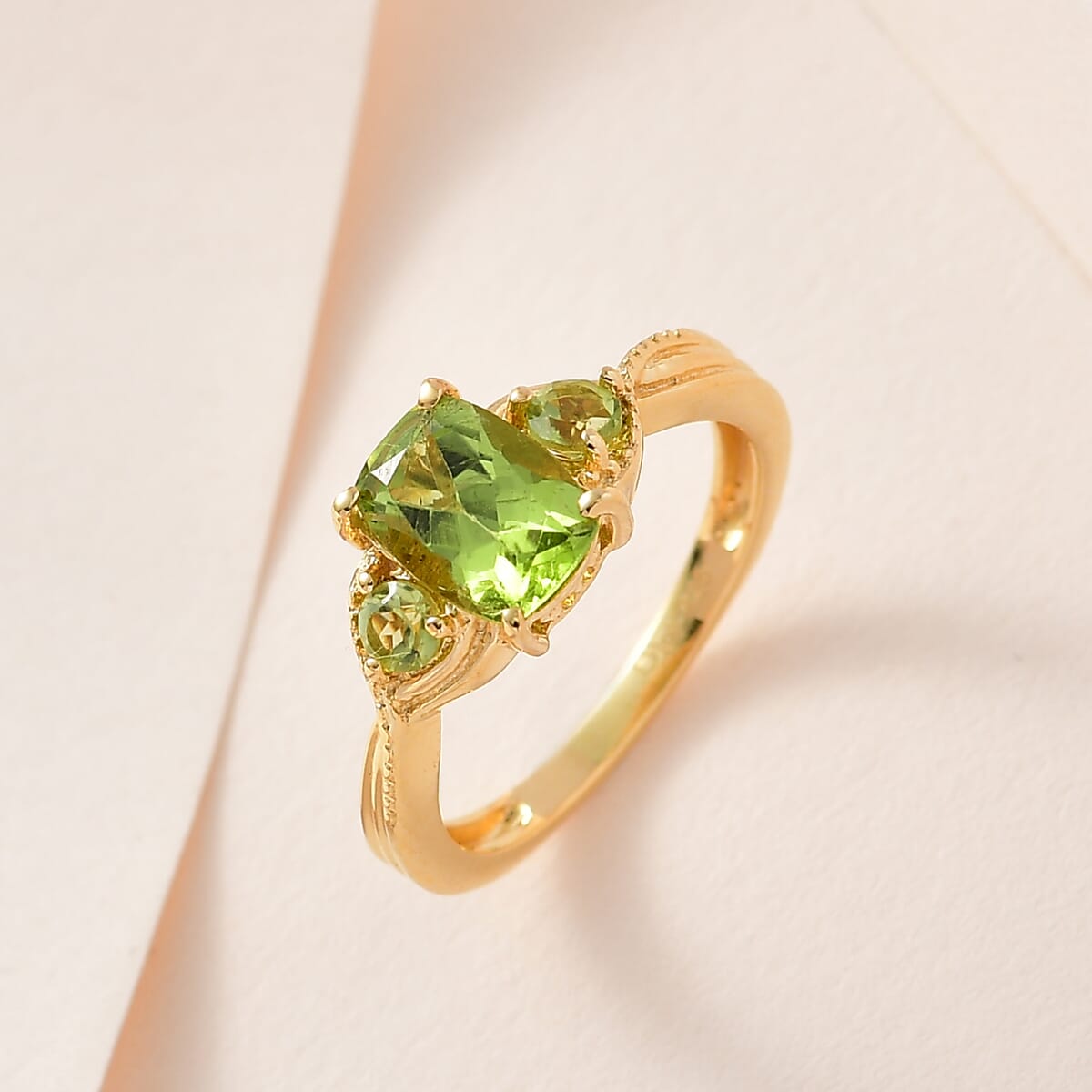 Peridot 3 Stone Ring in Vermeil Yellow Gold Over Sterling Silver (Size 6.0) 1.65 ctw image number 1