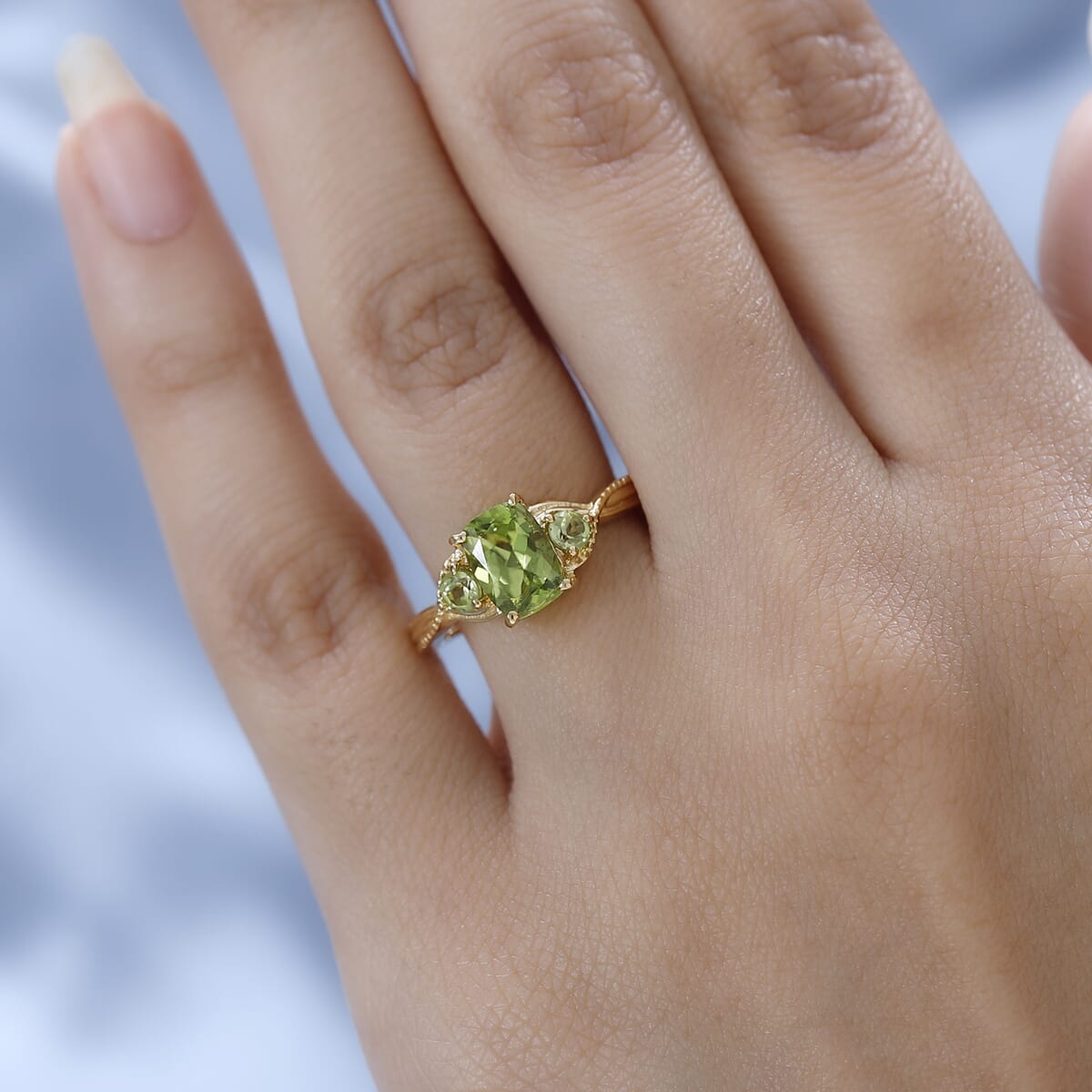 Peridot 3 Stone Ring in Vermeil Yellow Gold Over Sterling Silver (Size 6.0) 1.65 ctw image number 2