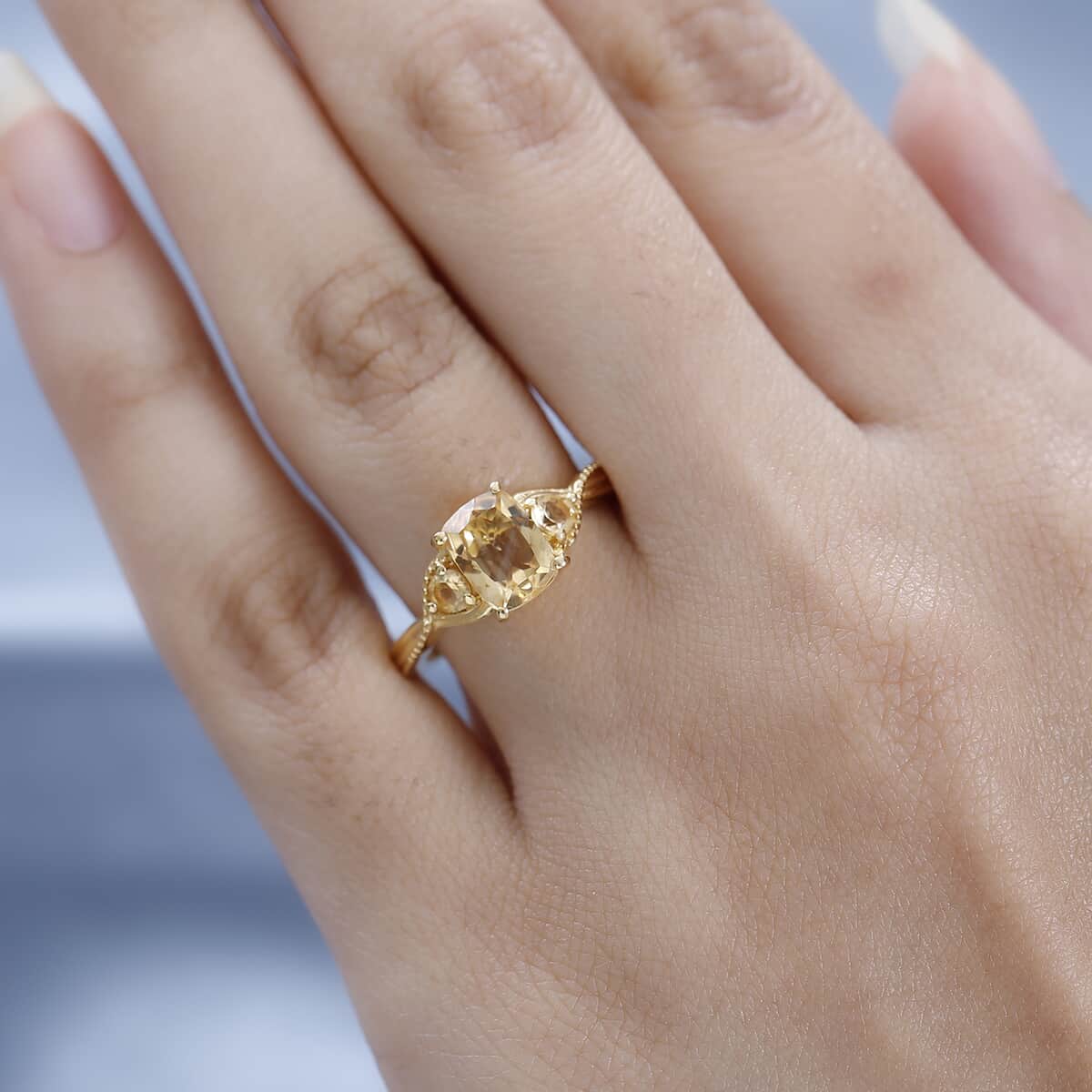 Brazilian Citrine 3 Stone Ring in Vermeil Yellow Gold Over Sterling Silver (Size 7.0) 1.60 ctw image number 2