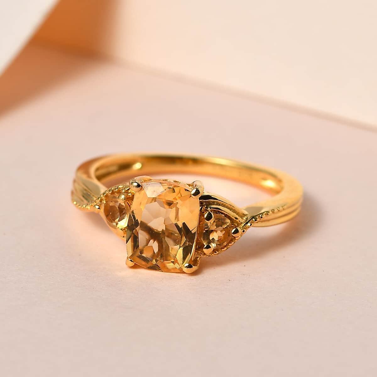 Brazilian Citrine 3 Stone Ring in Vermeil Yellow Gold Over Sterling Silver (Size 9.0) 1.60 ctw image number 1