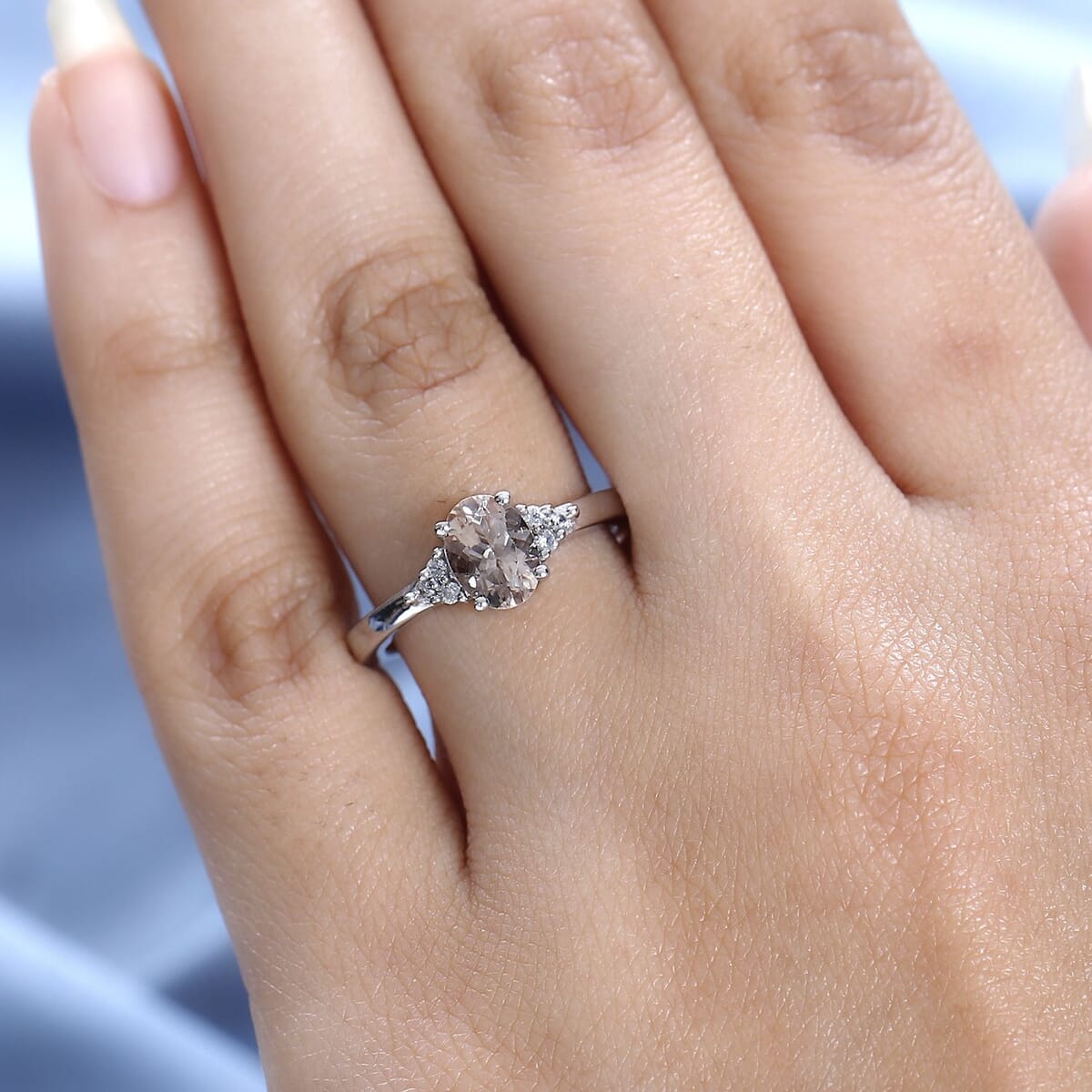 AAA Marropino Morganite and White Zircon Ring in Platinum Over Sterling Silver (Size 6.0) 1.10 ctw image number 2