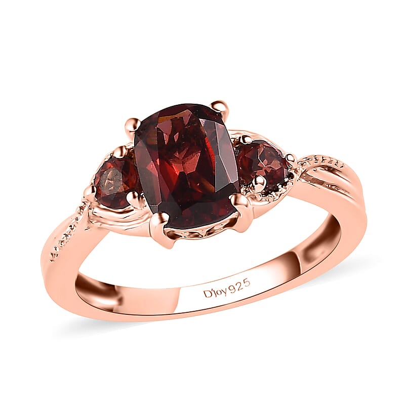 Garnet 3 Stone Ring in Vermeil Rose Gold Over Sterling Silver, Garnet Jewelry, Birthday Anniversary Gift 1.85 ctw