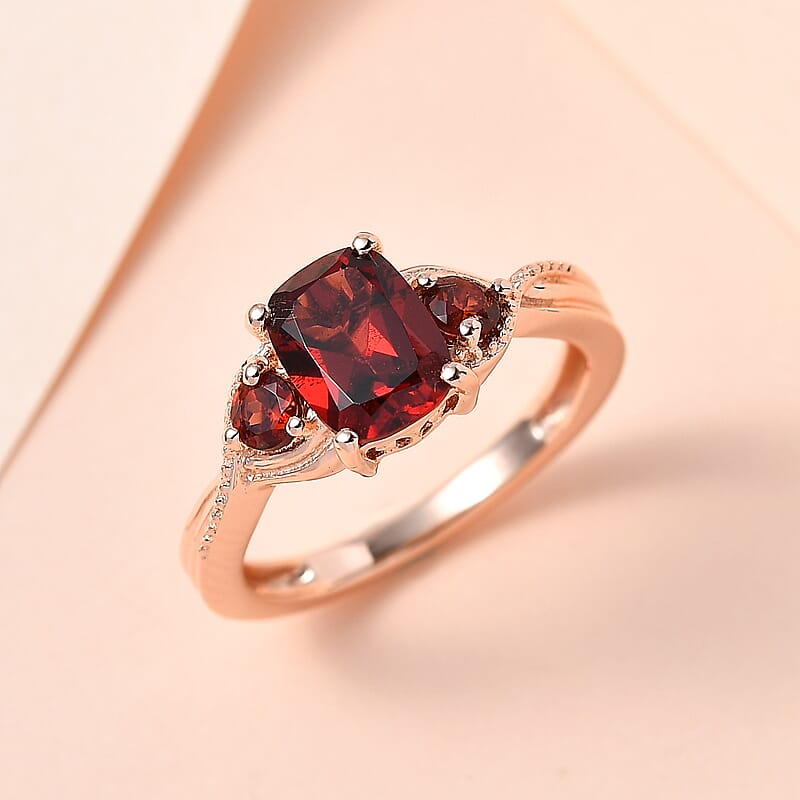 Garnet 3 Stone Ring in Vermeil Rose Gold Over Sterling Silver, Garnet Jewelry, Birthday Anniversary Gift 1.85 ctw