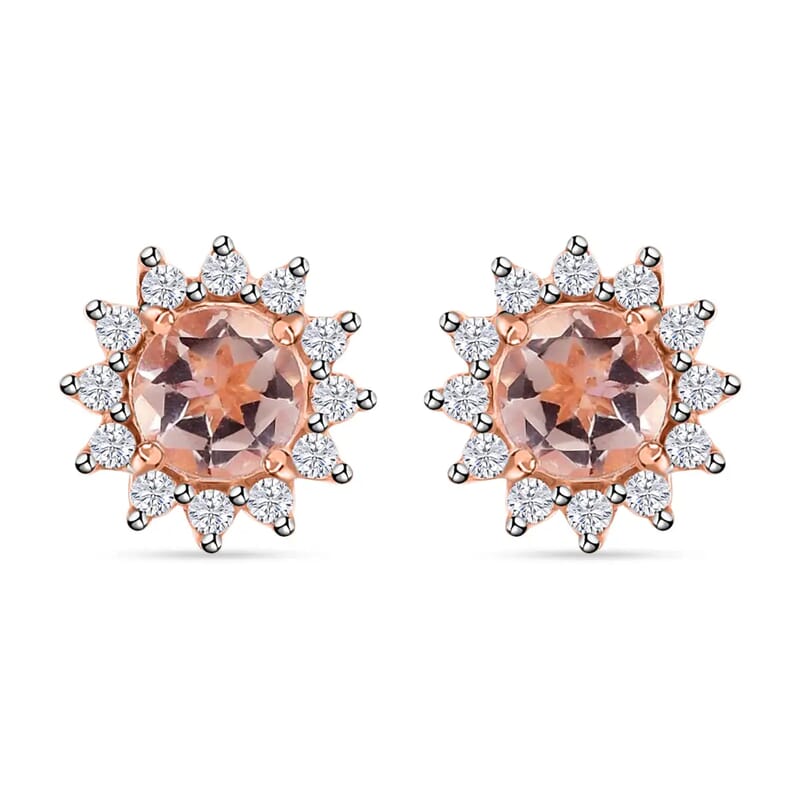 Marropino Morganite Sunburst Earrings, White Zircon Accent Stud Earrings, Vermeil Rose Gold Over Sterling Silver Earrings 1.00 ctw