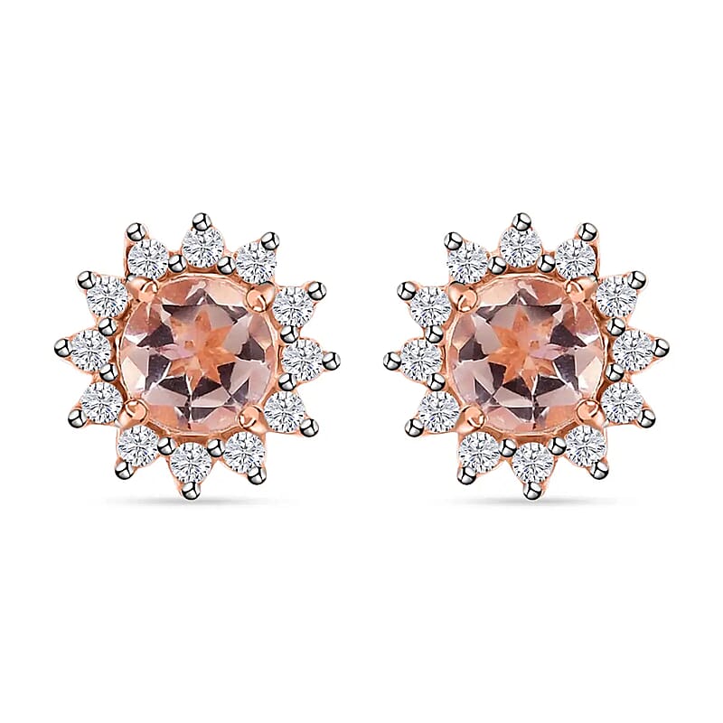 Marropino Morganite Sunburst Earrings, White Zircon Accent Stud Earrings, Vermeil Rose Gold Over Sterling Silver Earrings 1.00 ctw