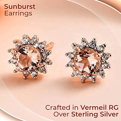 Marropino Morganite Sunburst Earrings, White Zircon Accent Stud Earrings, Vermeil Rose Gold Over Sterling Silver Earrings 1.00 ctw