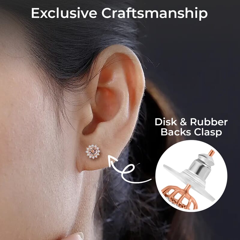 Marropino Morganite Sunburst Earrings, White Zircon Accent Stud Earrings, Vermeil Rose Gold Over Sterling Silver Earrings 1.00 ctw
