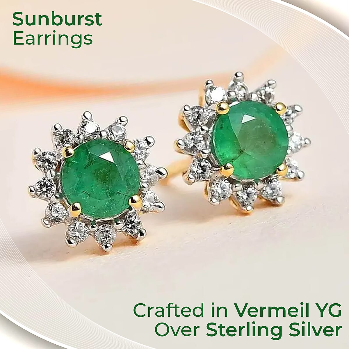 Kagem Zambian Emerald and White Zircon 1.00 ctw Sunburst Earrings in Vermeil Yellow Gold Over Sterling Silver image number 1