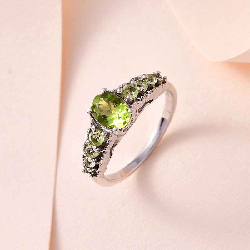 Peridot Ring in Platinum Over Sterling Silver (Size 6) 1.25 ctw