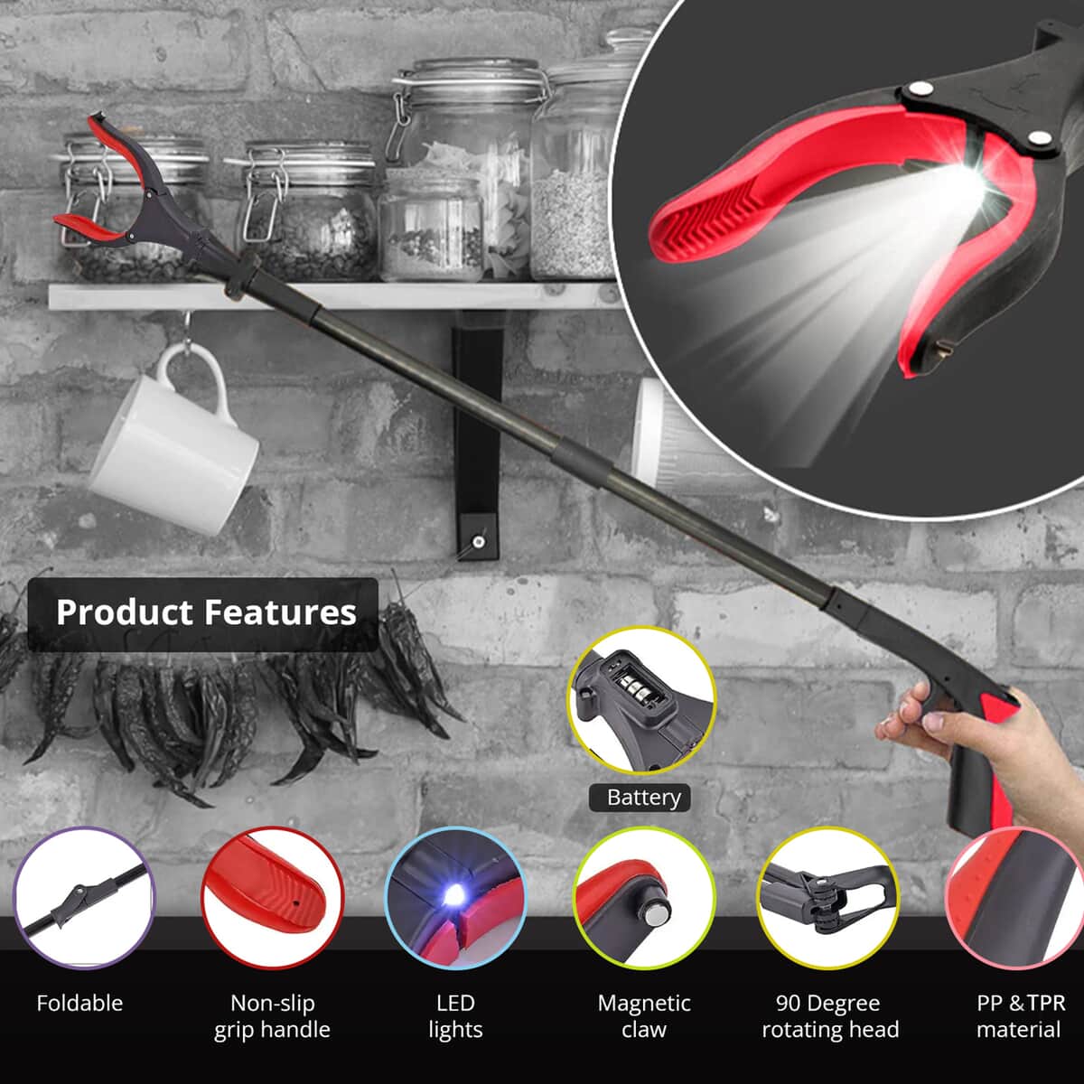 Black and Red Grabber Reacher Tool with Magnet and LED Light (32.28") image number 2