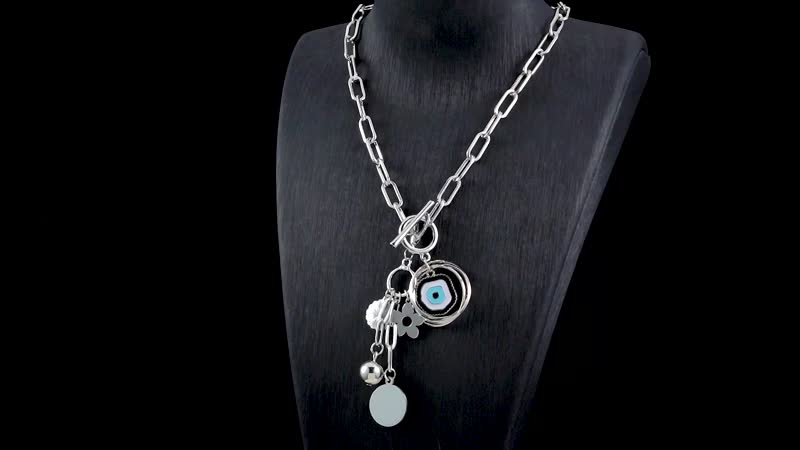 Enameled Paperclip Necklace 18.5 Inches with Lobster Charm in Silvertone