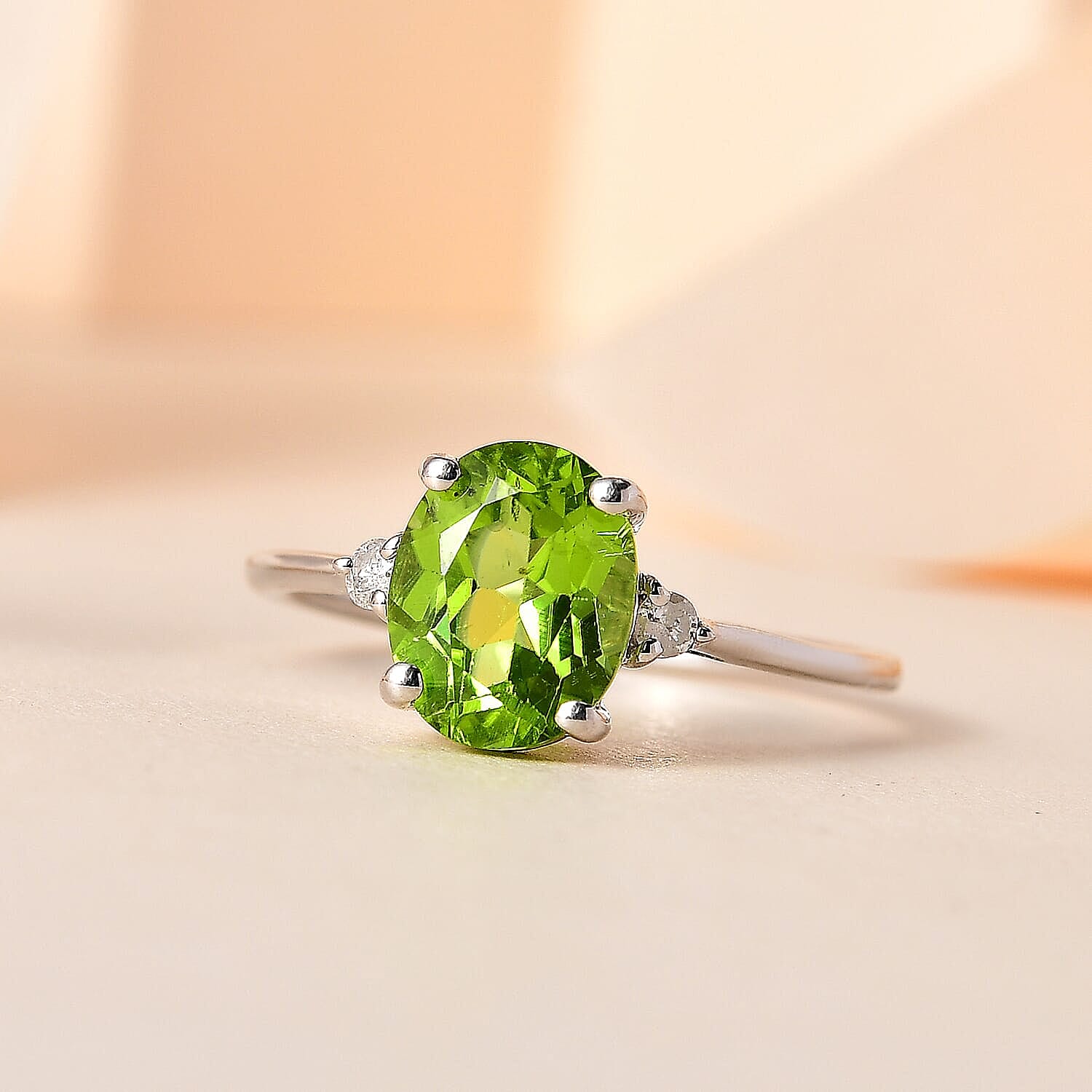 Peridot, Diamond Ring in Platinum Over Sterling Silver (Size 6.0) 2.10 ctw