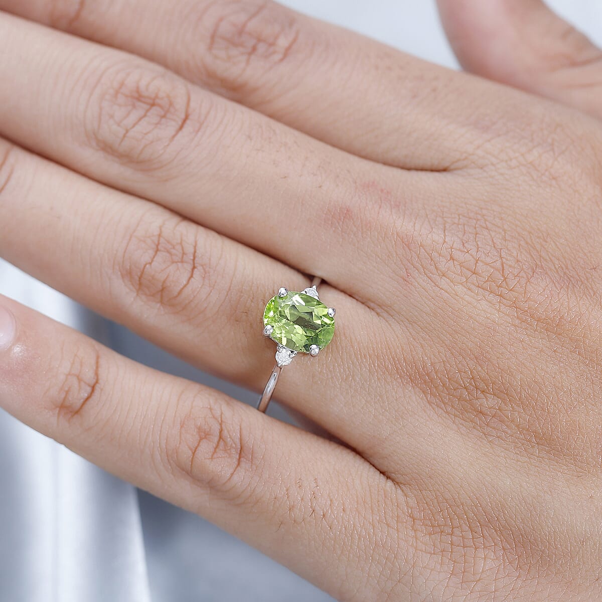 Peridot and Diamond Ring in Platinum Over Sterling Silver (Size 9.0) 2.10 ctw image number 2