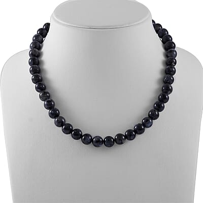 Black Feldspar Beaded Necklace in Sterling Silver, 18 Inch Neck Jewelry For Men Women, Black Necklace, Birthday Gifts 300.00 ctw