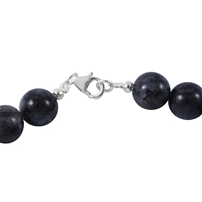 Black Feldspar Beaded Necklace in Sterling Silver, 18 Inch Neck Jewelry For Men Women, Black Necklace, Birthday Gifts 300.00 ctw
