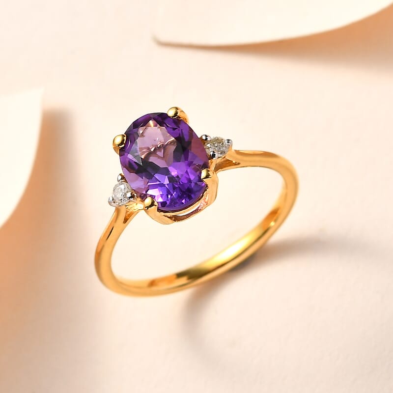 Lusaka Amethyst and Diamond Ring in Vermeil Yellow Gold Over Sterling Silver (Size 6.0) 1.85 ctw