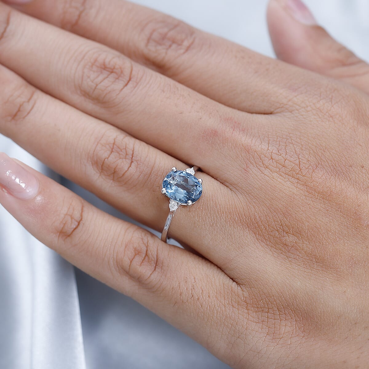 Swiss Blue Topaz and Diamond Ring in Platinum Over Sterling Silver (Size 8.0) 2.20 ctw image number 2