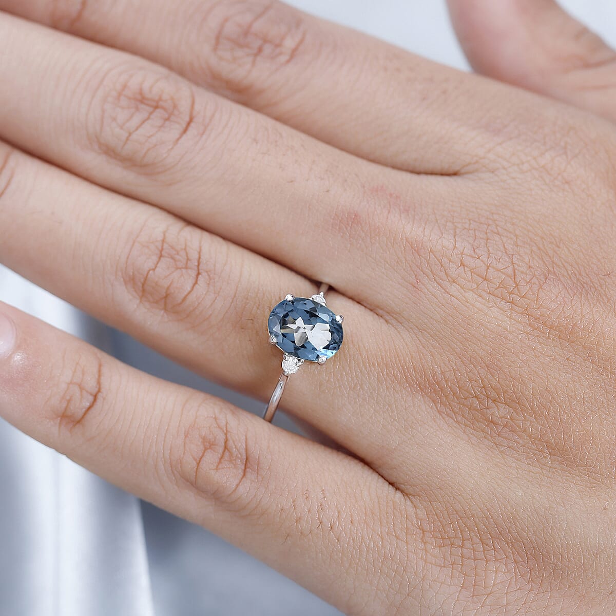 London Blue Topaz and Diamond Ring in Platinum Over Sterling Silver (Size 8.0) 2.30 ctw image number 2