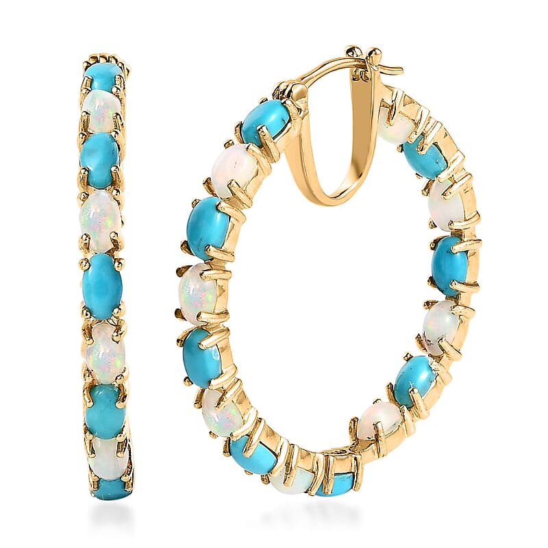 Premium Ethiopian Welo Opal and Sleeping Beauty Turquoise Earrings in Vermeil Yellow Gold Over Sterling Silver 6.25 ctw