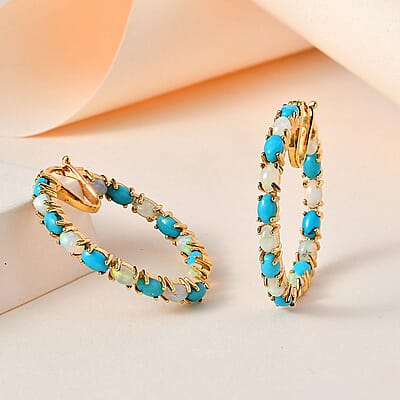 Premium Ethiopian Welo Opal and Sleeping Beauty Turquoise Earrings in Vermeil Yellow Gold Over Sterling Silver 6.25 ctw