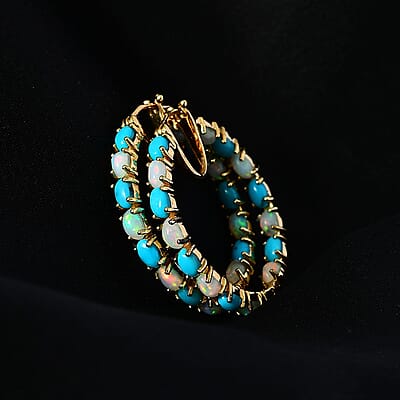 Premium Ethiopian Welo Opal and Sleeping Beauty Turquoise Earrings in Vermeil Yellow Gold Over Sterling Silver 6.25 ctw