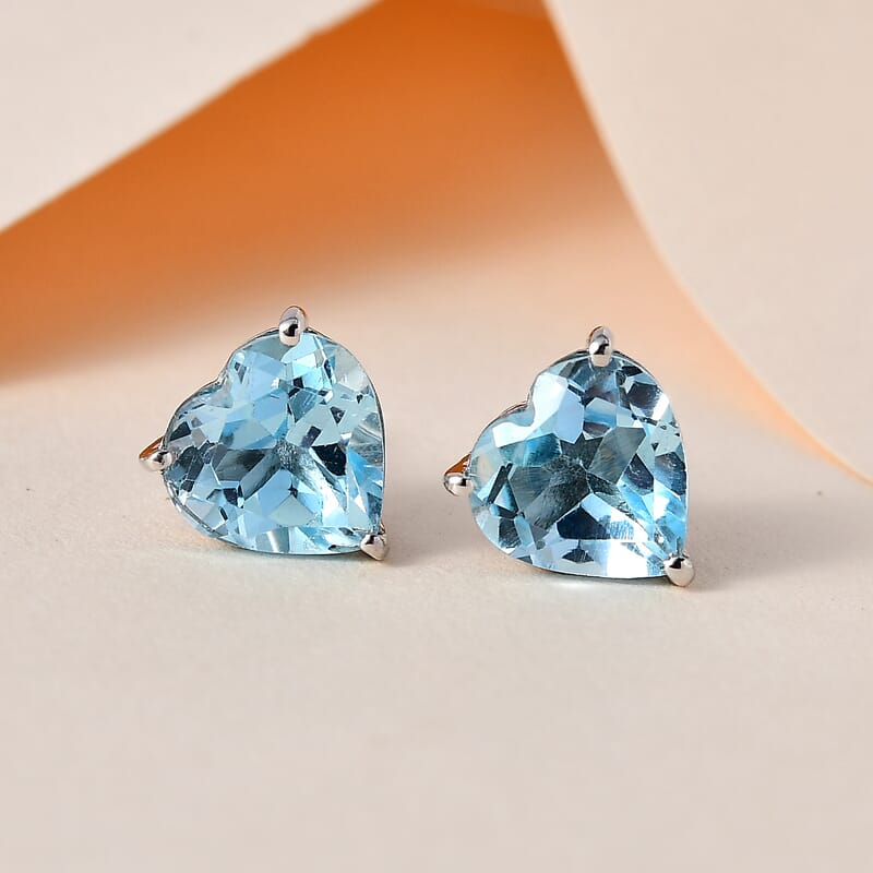 Sky Blue Topaz Heart Stud Earrings in Platinum Over Sterling Silver 5.75 ctw