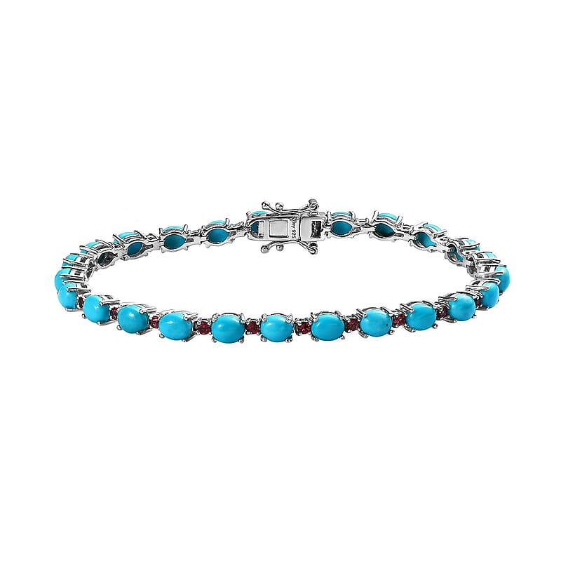 Premium Sleeping Beauty Turquoise and Ouro Fino Rubellite 10.00 ctw Bracelet in Platinum Over Sterling Silve (7.25 In) 