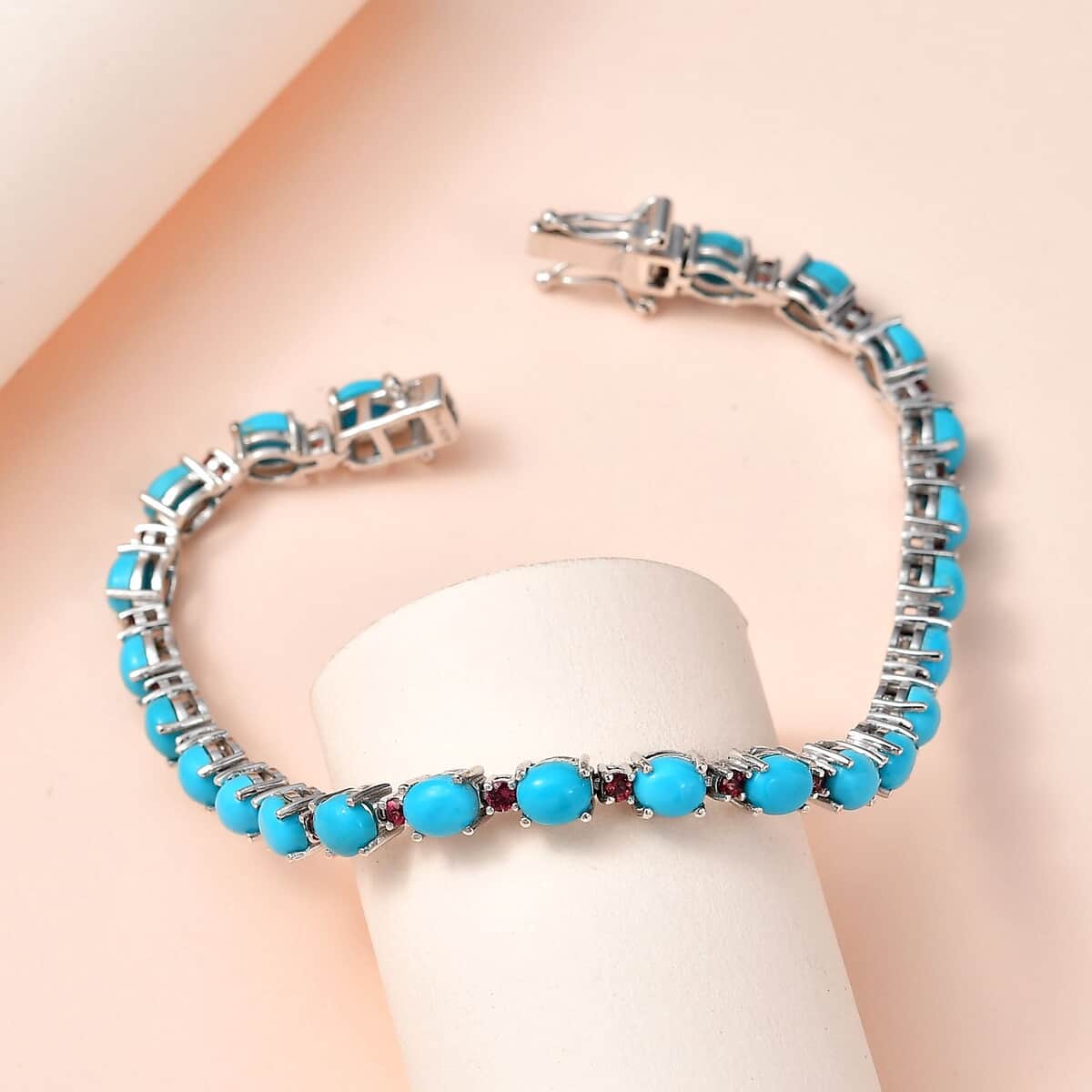 Premium Sleeping Beauty Turquoise and Ouro Fino Rubellite Bracelet in Platinum Over Sterling Silver (7.25 In) 9.85 ctw (Del. in 7-10 Days) image number 1