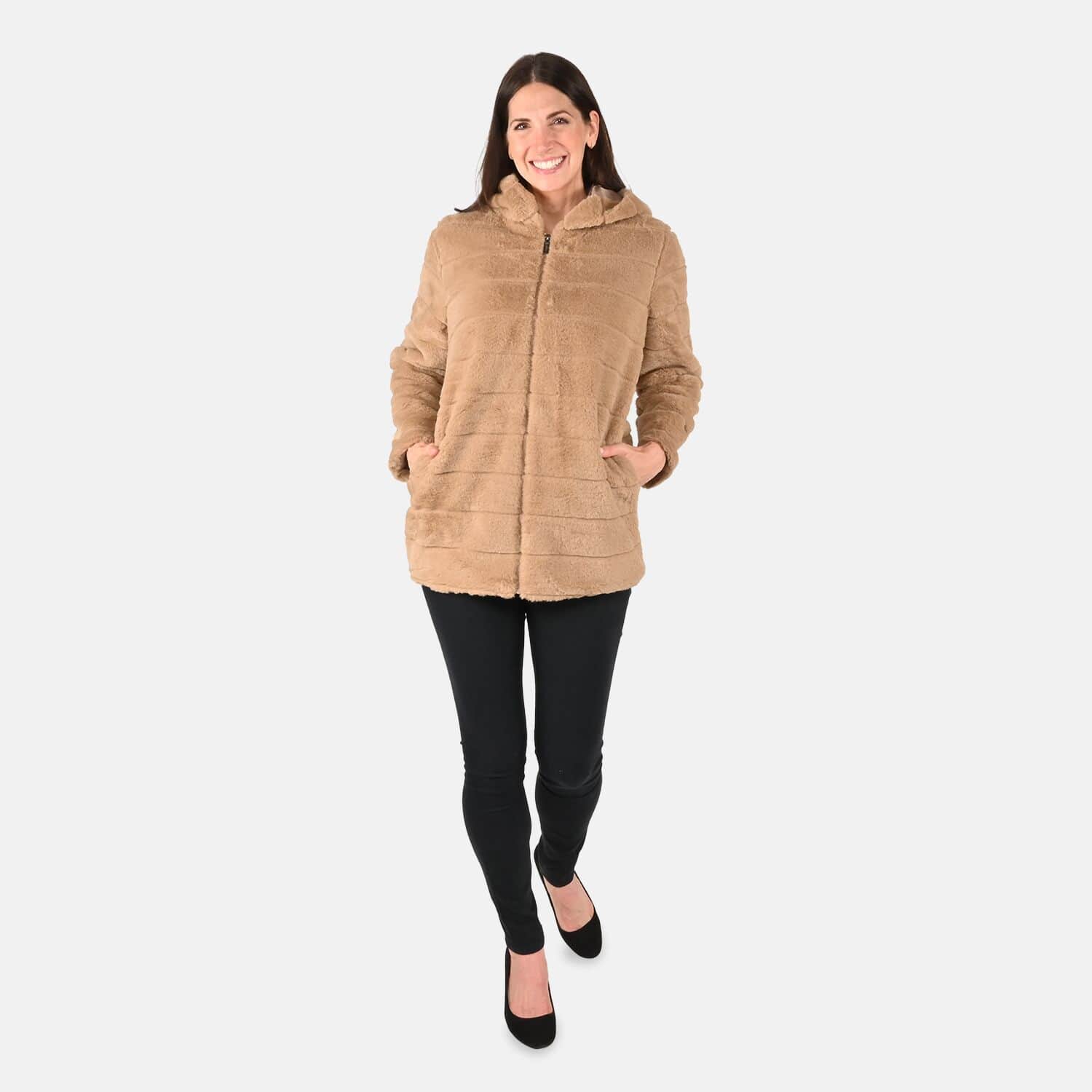 Buy Tamsy Khaki Stripe Embossed Hooded Faux Fur Coat - S/M at ShopLC.