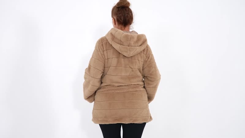 Tamsy Khaki Stripe Embossed Hooded Faux Fur Coat - S/M