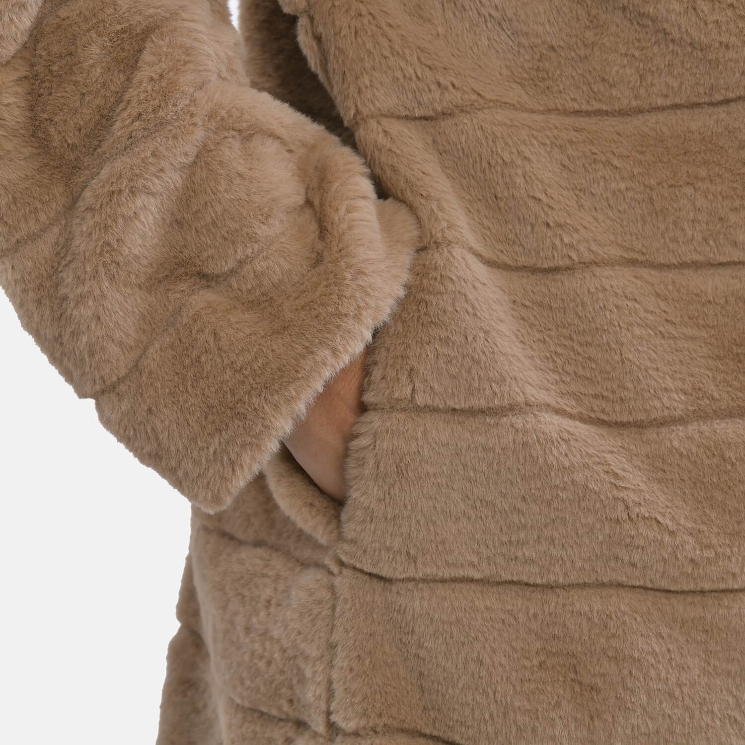Buy Tamsy Khaki Stripe Embossed Hooded Faux Fur Coat - S/M at ShopLC.
