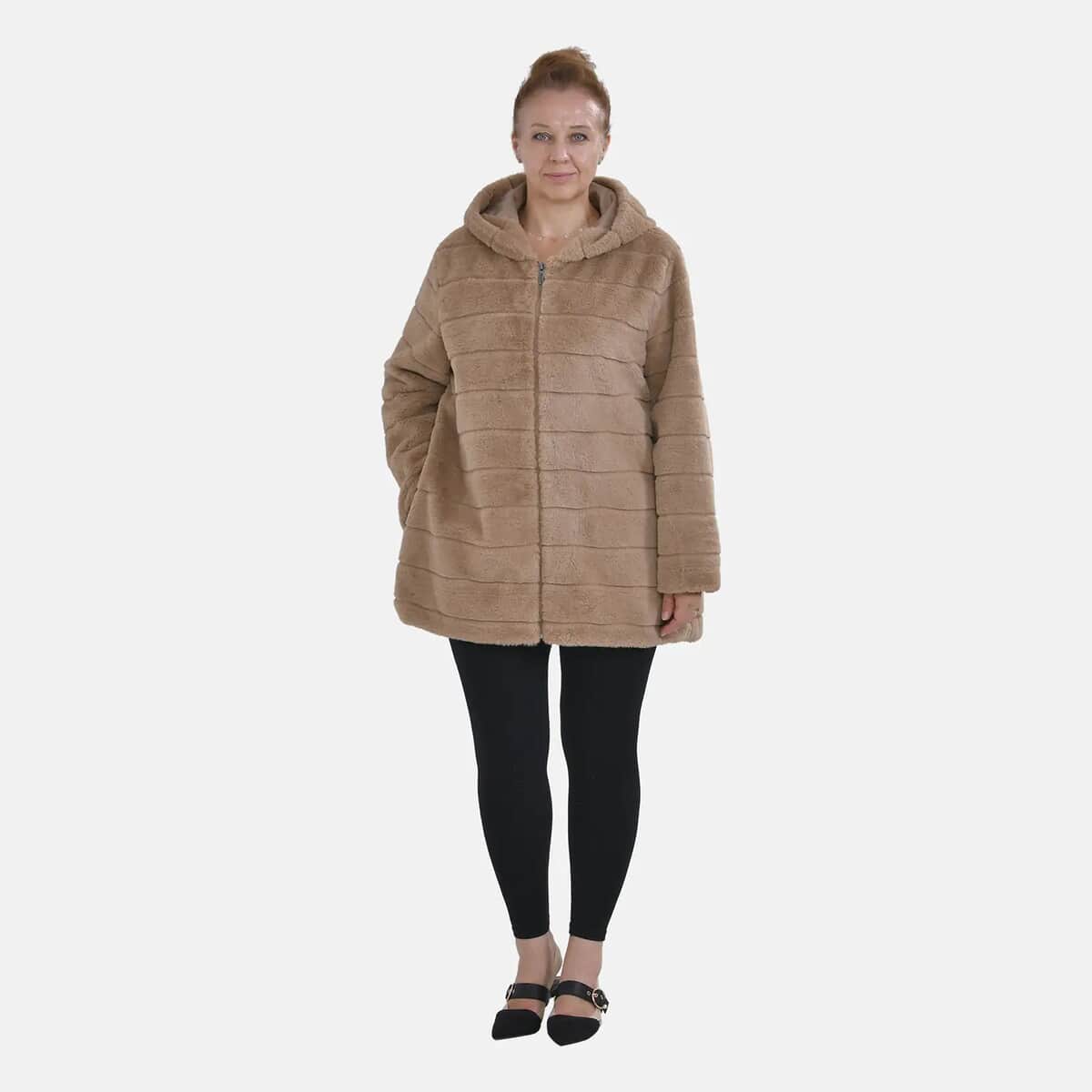 Tamsy Khaki Stripe Embossed Hooded Faux Fur Coat - L/XL image number 0