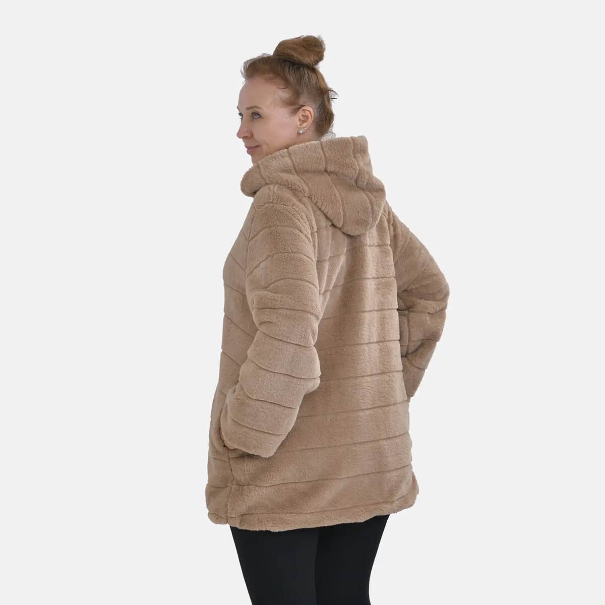 Tamsy Khaki Stripe Embossed Hooded Faux Fur Coat - L/XL image number 1