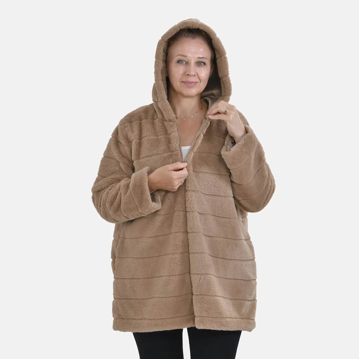 Tamsy Khaki Stripe Embossed Hooded Faux Fur Coat - L/XL image number 3