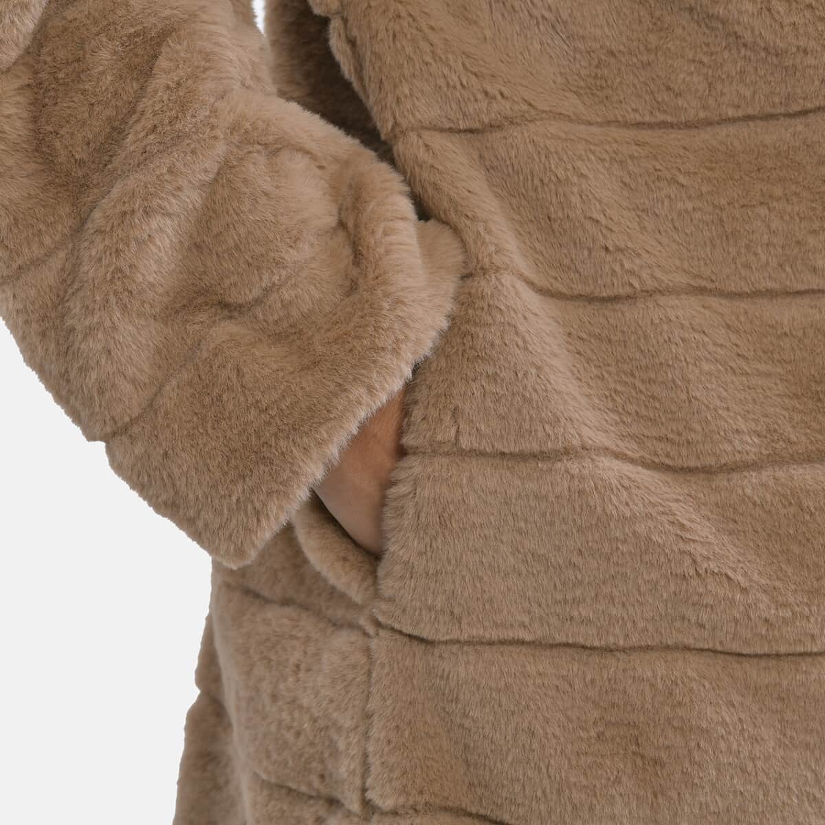 Tamsy Khaki Stripe Embossed Hooded Faux Fur Coat - L/XL image number 7