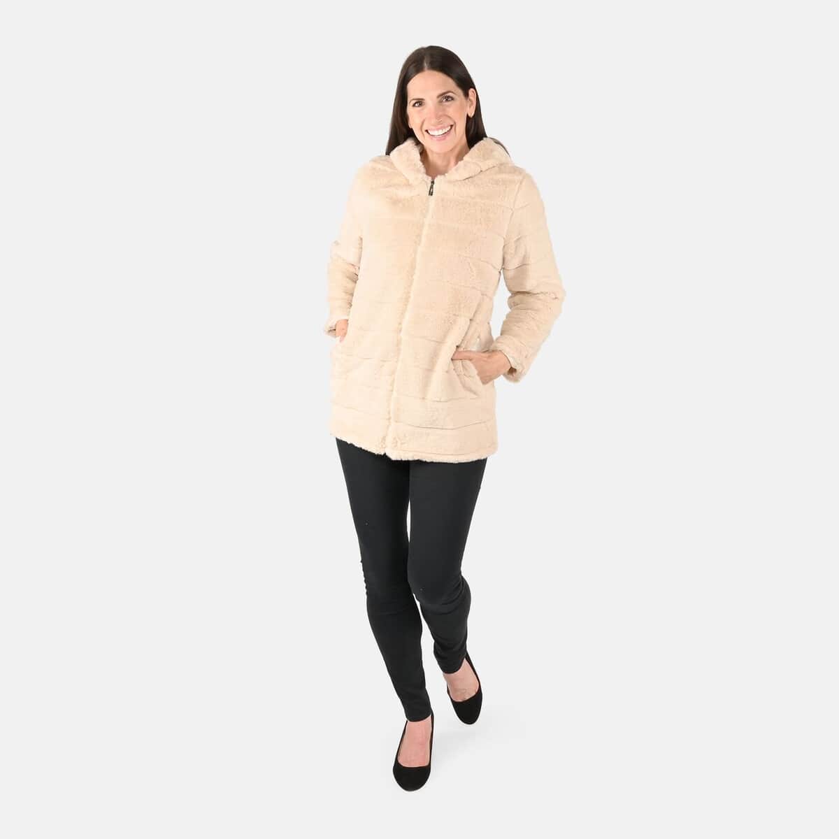 Tamsy Cream Stripe Embossed Hooded Faux Fur Coat - S/M image number 0