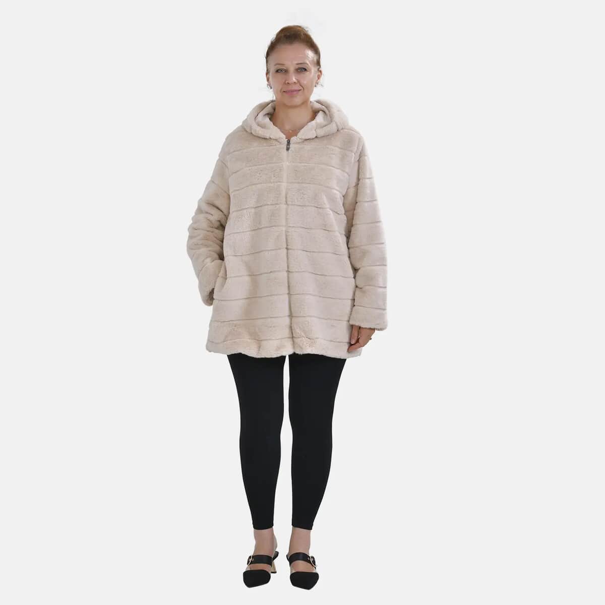 Tamsy Cream Stripe Embossed Hooded Faux Fur Coat - L/XL image number 0
