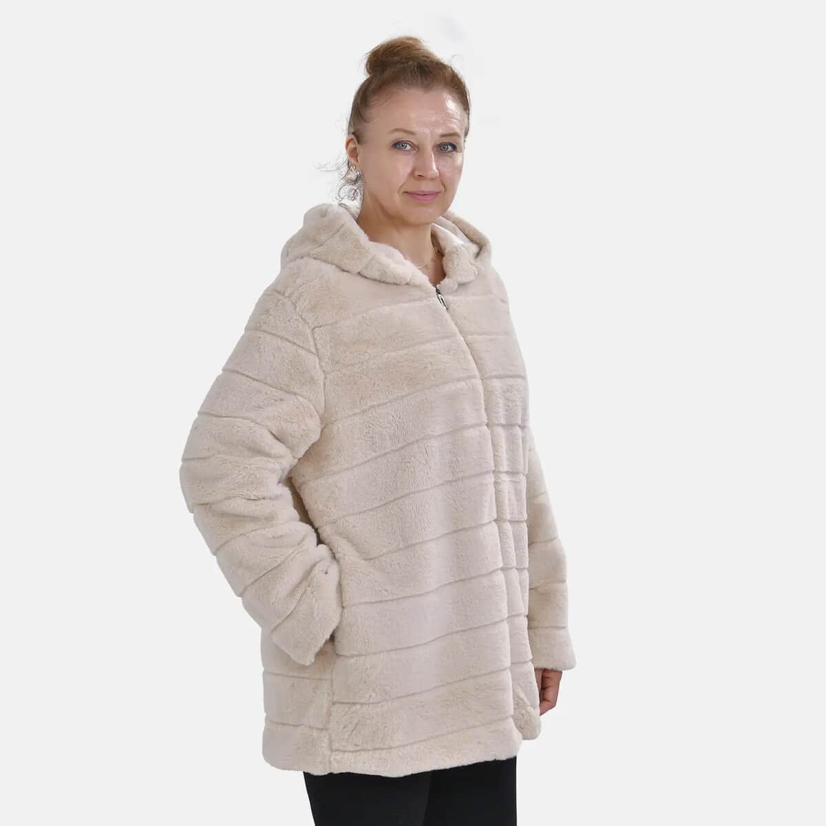 Tamsy Cream Stripe Embossed Hooded Faux Fur Coat - L/XL image number 2