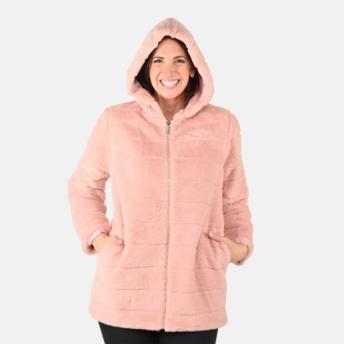 Tamsy Pink Stripe Embossed Hooded Faux Fur Coat - S/M image number 3