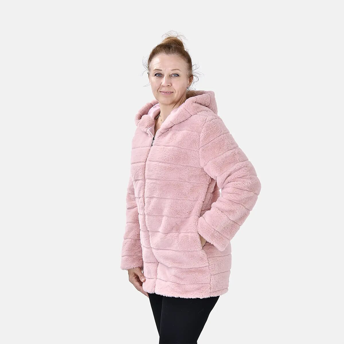 Tamsy Pink Stripe Embossed Hooded Faux Fur Coat - L/XL image number 2