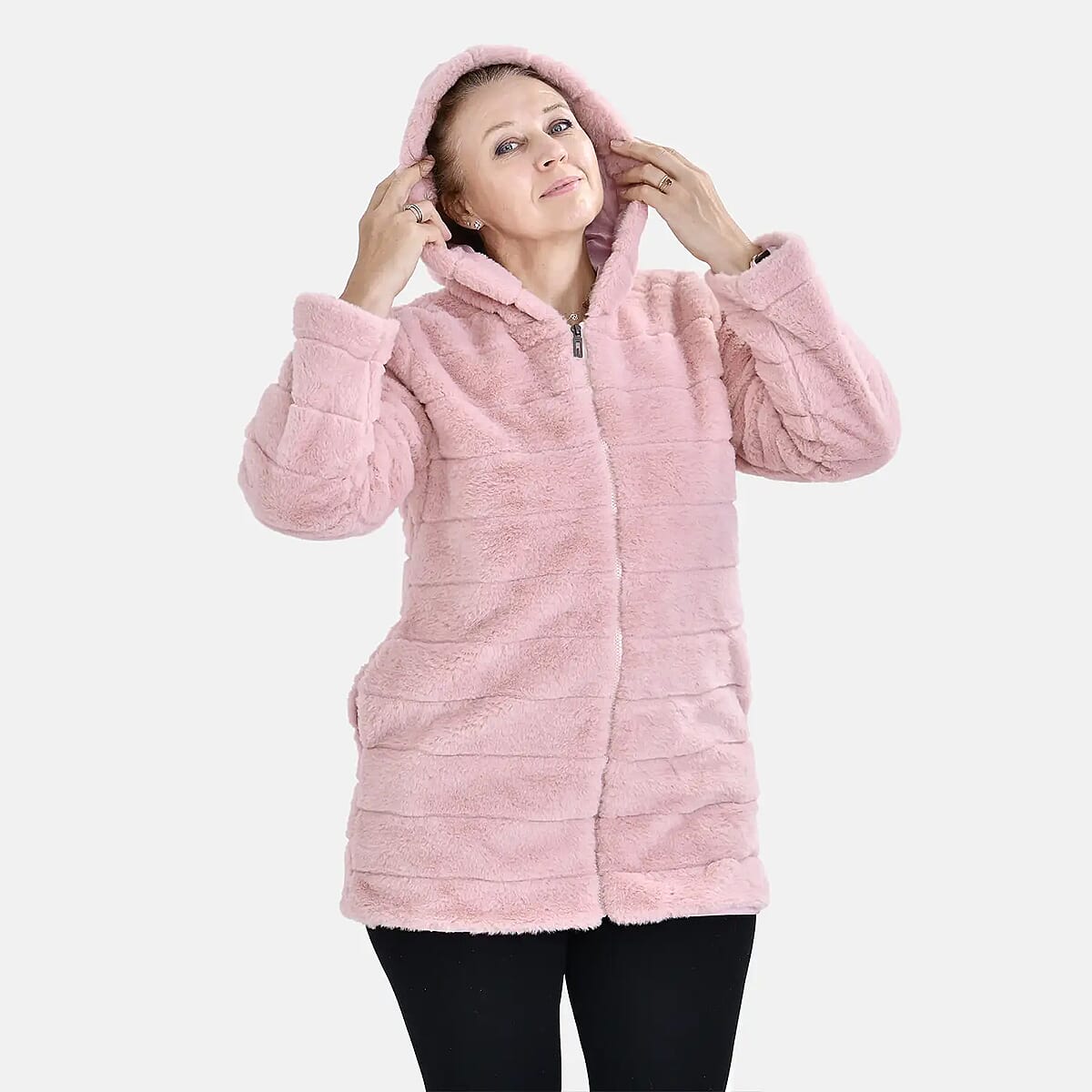 Tamsy Pink Stripe Embossed Hooded Faux Fur Coat - L/XL image number 3