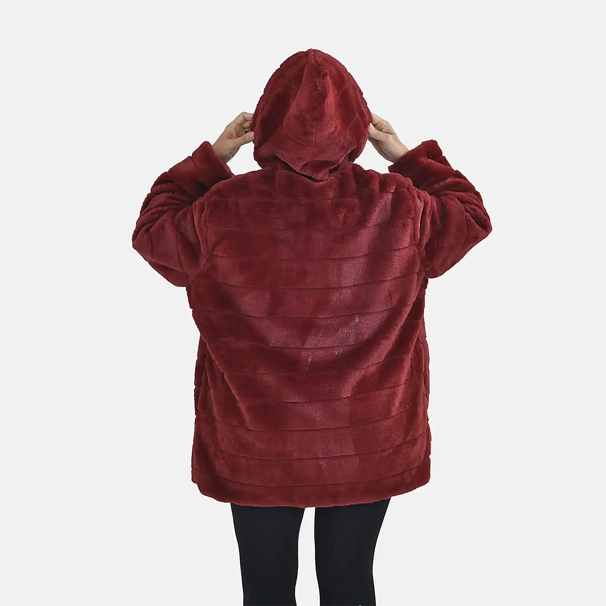 Tamsy Red Stripe Embossed Hooded Faux Fur Coat - S/M image number 1