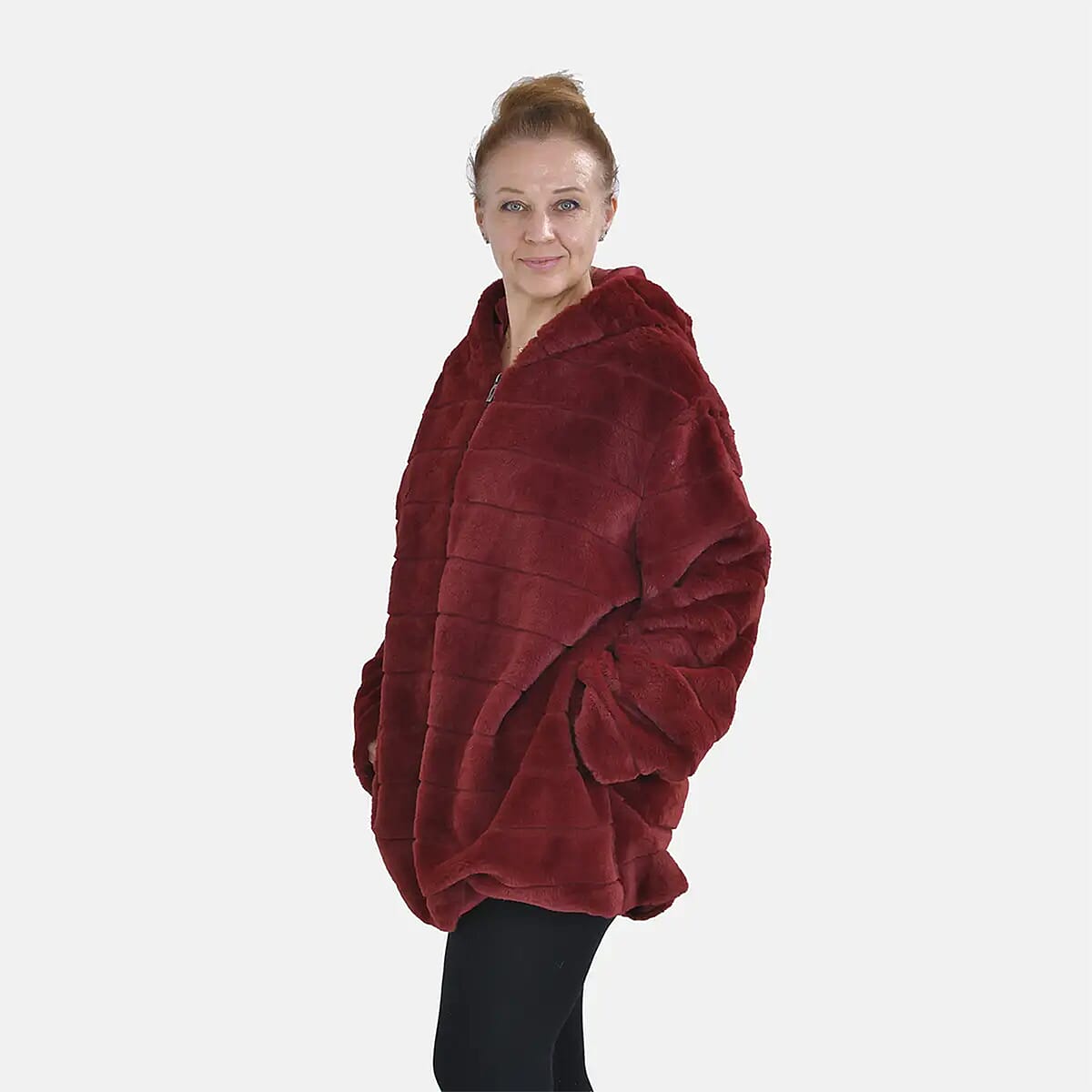 Tamsy Red Stripe Embossed Hooded Faux Fur Coat - S/M image number 2
