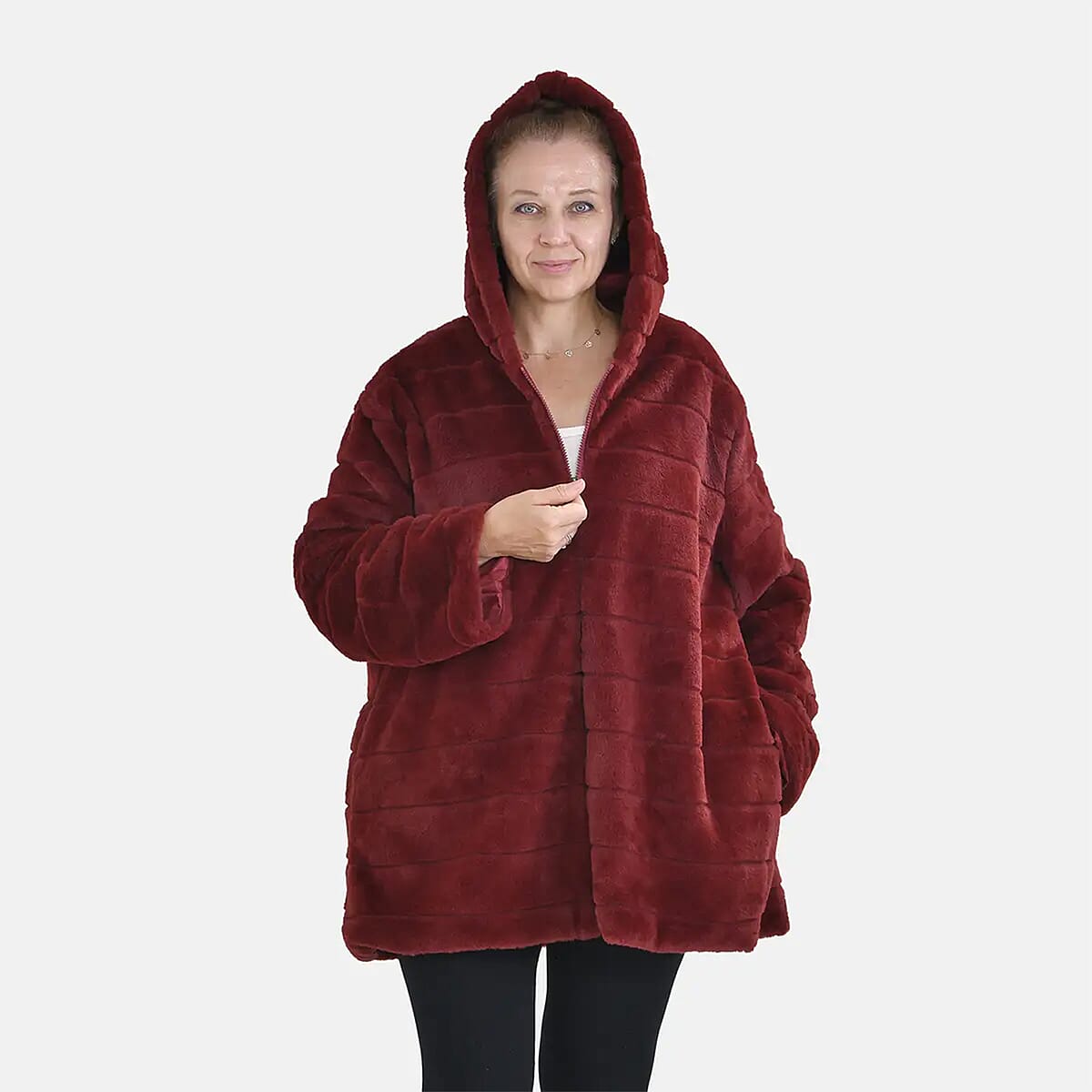 Tamsy Red Stripe Embossed Hooded Faux Fur Coat - S/M image number 3