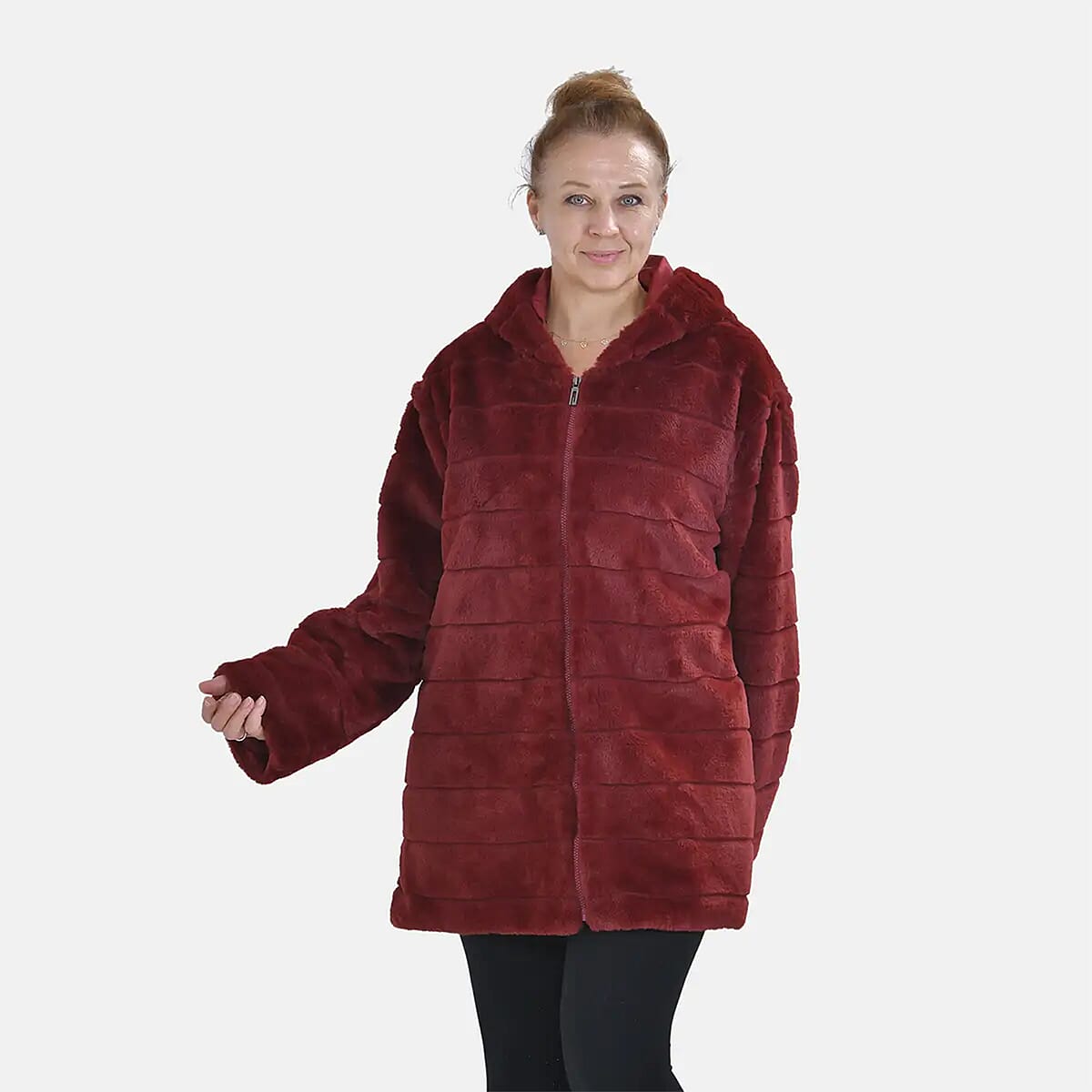 Tamsy Red Stripe Embossed Hooded Faux Fur Coat - S/M image number 4