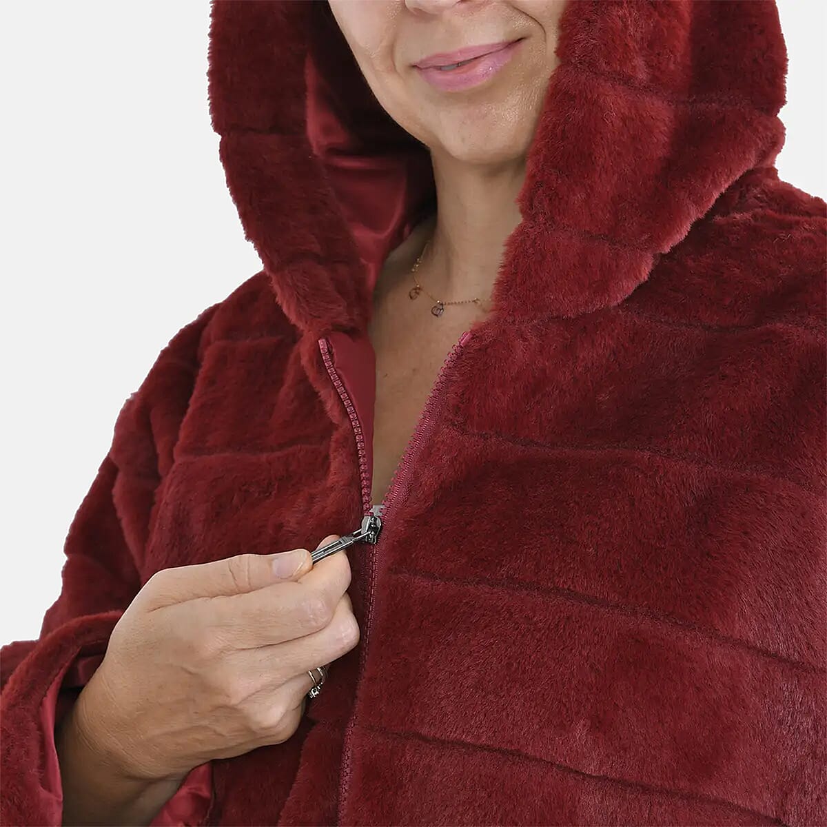 Tamsy Red Stripe Embossed Hooded Faux Fur Coat - S/M image number 5