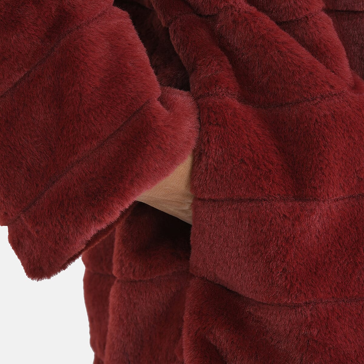 Tamsy Red Stripe Embossed Hooded Faux Fur Coat - S/M image number 7