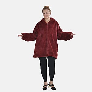 Tamsy Red Stripe Embossed Hooded Faux Fur Coat - L/XL